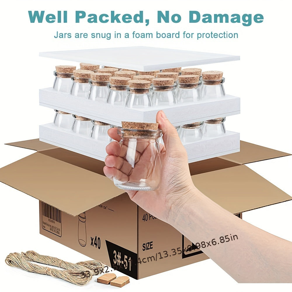 40pcs Small Glass Jar with Wooden Stopper Lid 3.4 Oz Yogurt Pudding Jar Candy Storage Glass Container with Label And Rope Suitable for Wedding Party Gifts